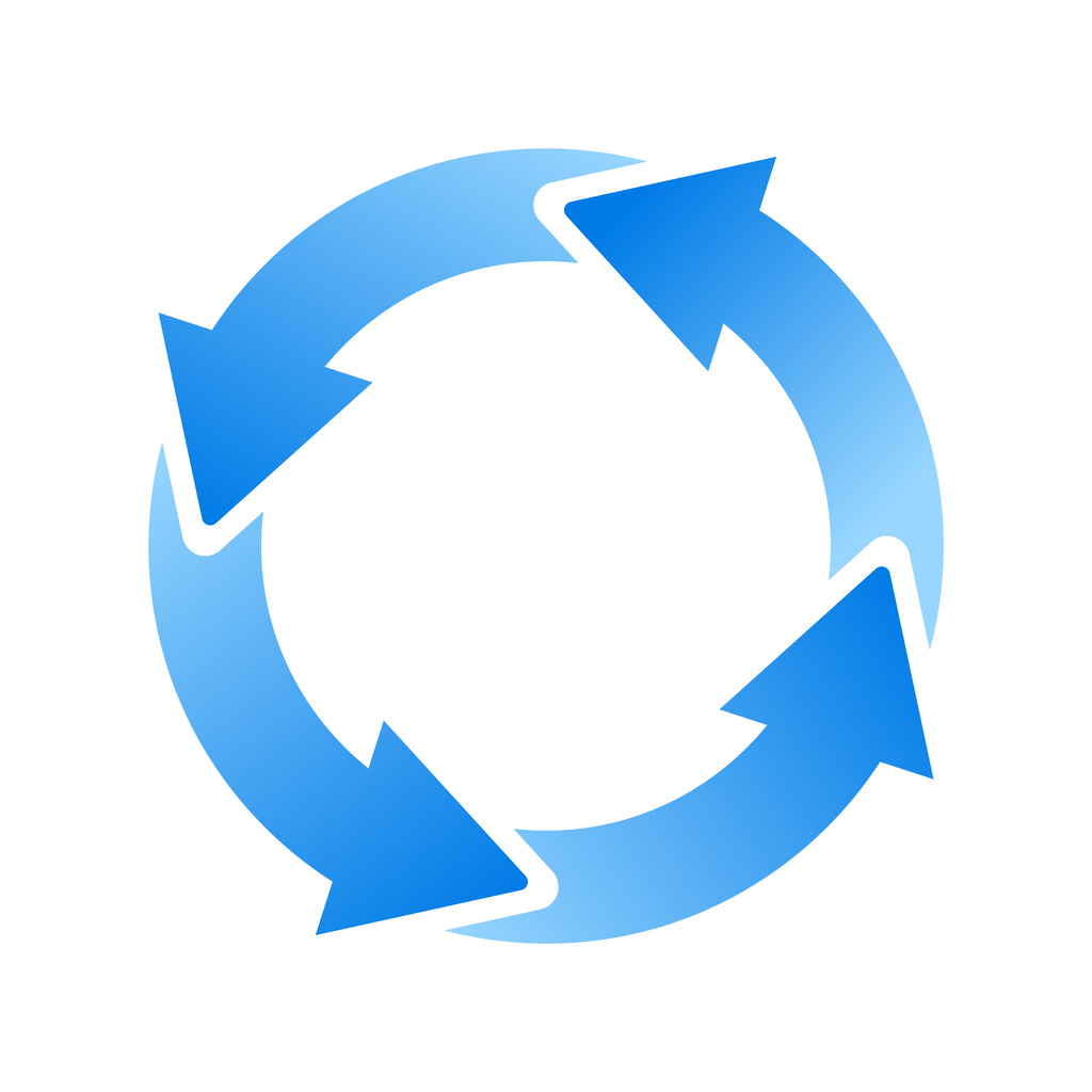 Blauer Pfeile in einem Kreis, der den Ablauf einer Qualitätsprüfung symbolisiert.